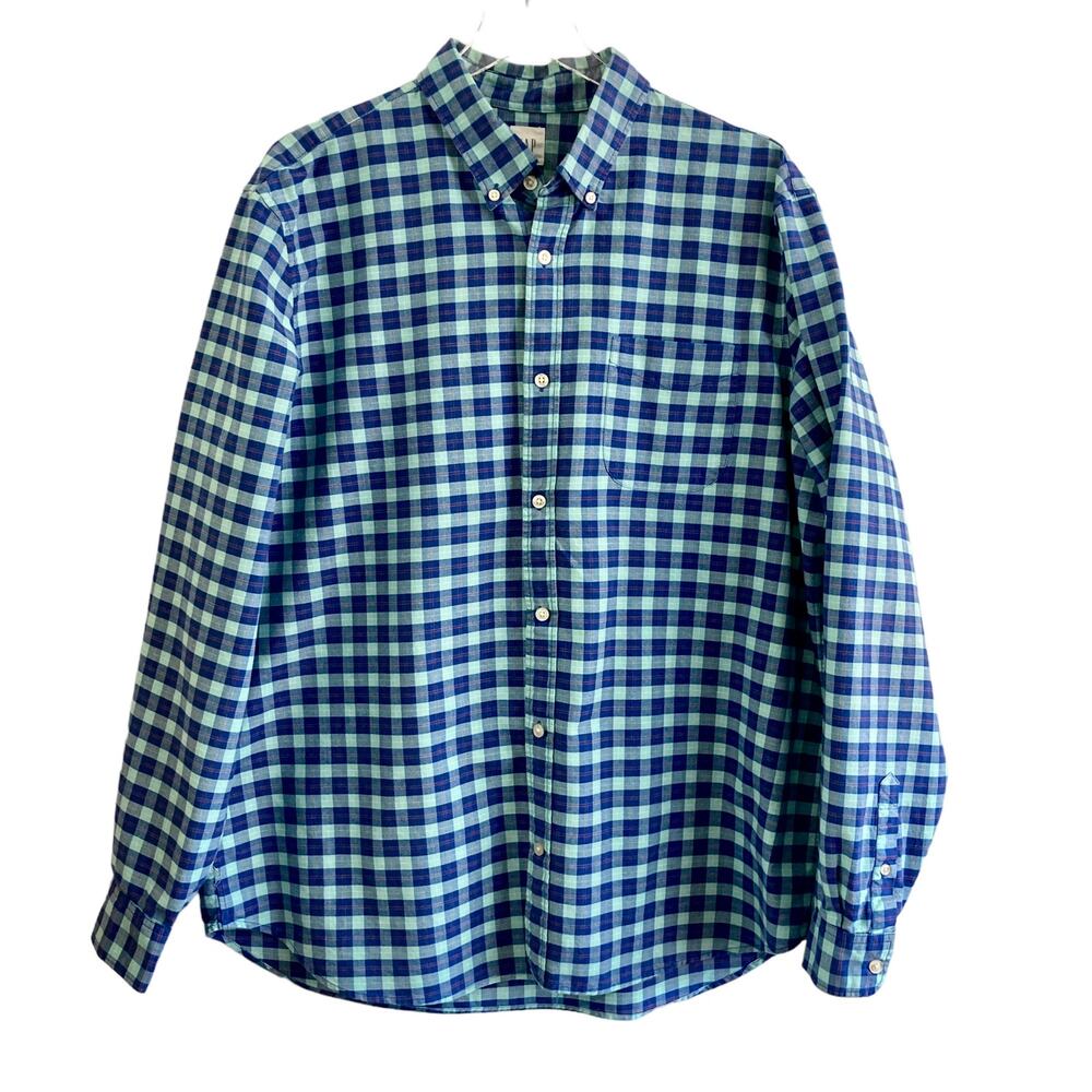 Gap Blue Aqua Plaid Woven Cotton Button Down Shirt Men's Size XL Casual